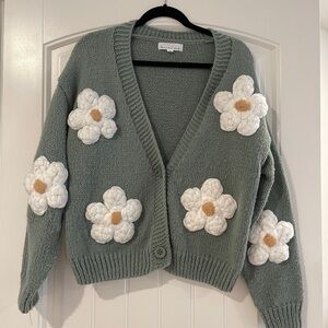Floral Knit Cardigan Sweater - Green